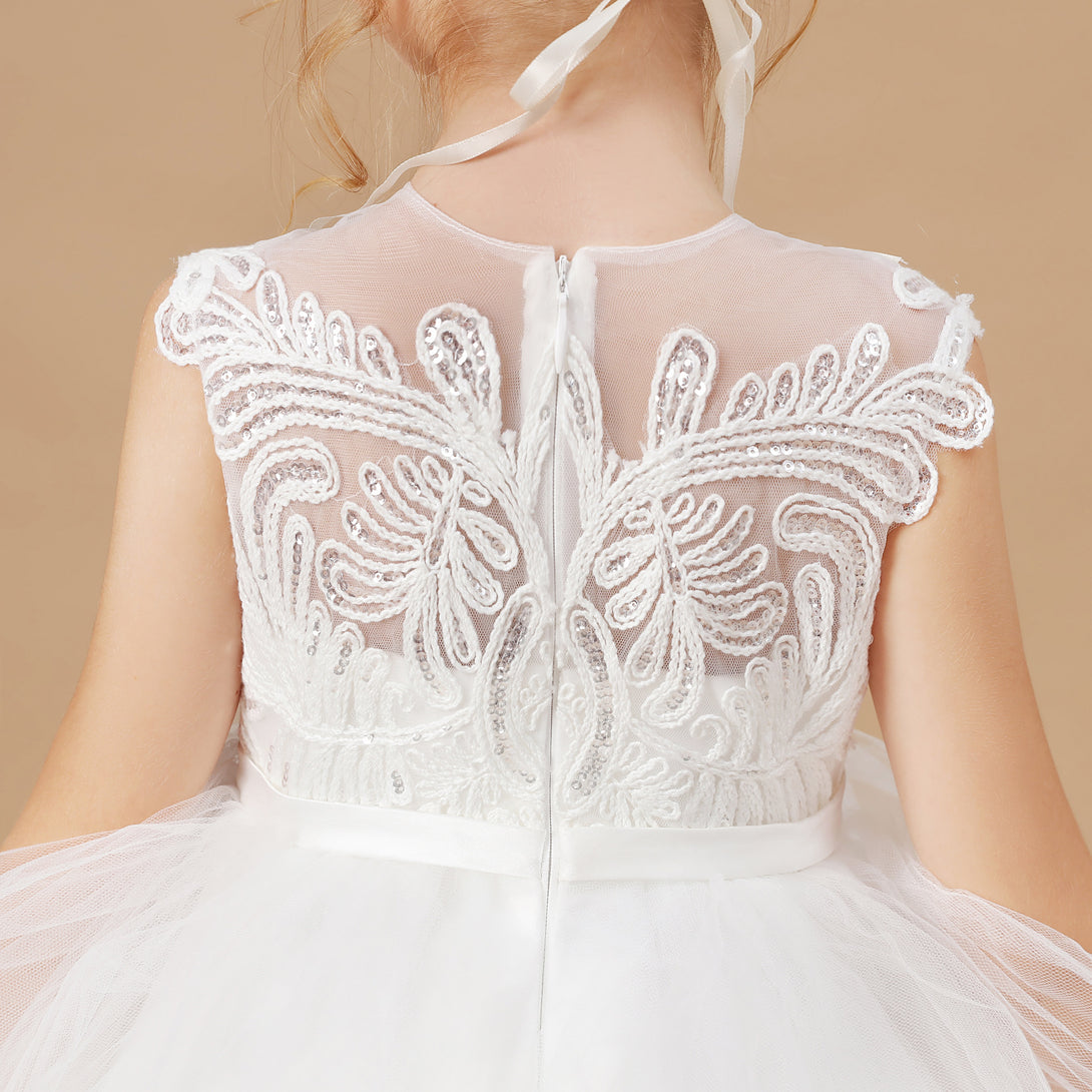 Girl's Cake Dresses Sleeveless Scoop Neck Floor-Length Satin/Lace/Tulle Flower Girl Dresses With Belt/Appliques Girls Gidiondress