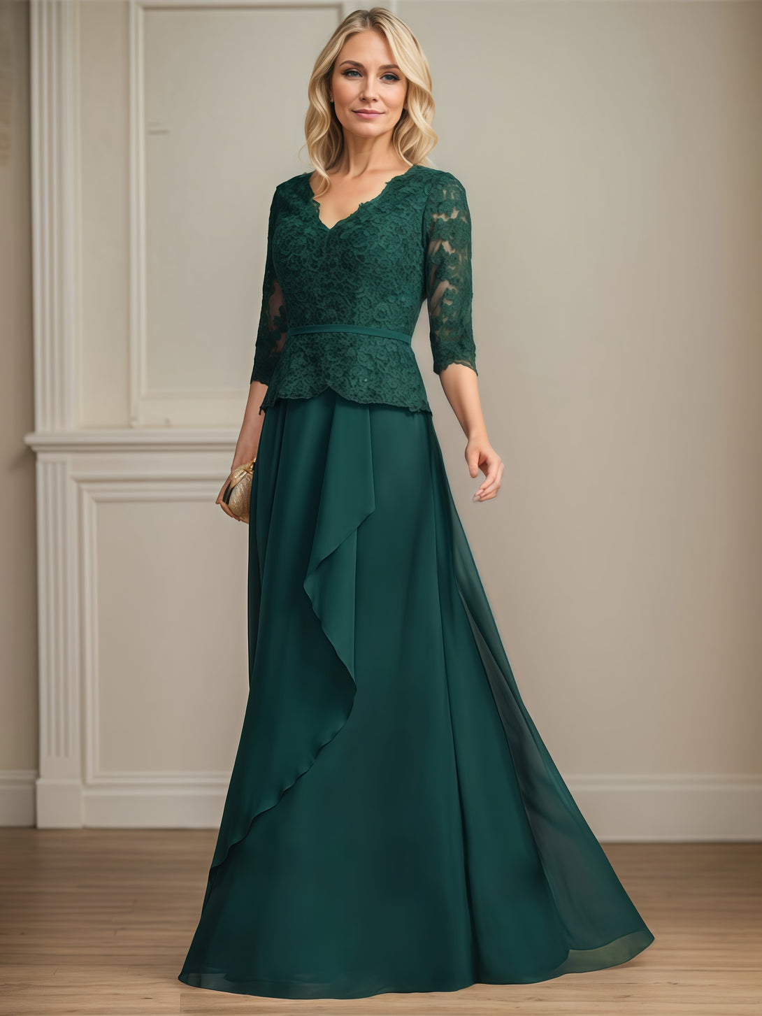 V-Neck 3/4 Sleeve A-Line Floor-Length Lace/Chiffon Mother of the Bride Dress With Appliques/Belt/Cascading Ruffles BabaMila