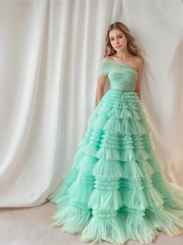 A-Line/Princess One-Shoulder Sleeveless Floor-Length Prom Dresses with Pleats BabaMila