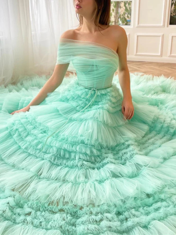 A-Line/Princess One-Shoulder Sleeveless Floor-Length Prom Dresses with Pleats BabaMila
