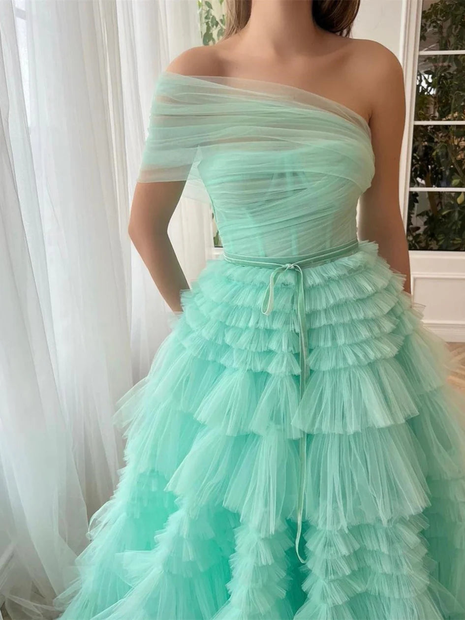 A-Line/Princess One-Shoulder Sleeveless Floor-Length Prom Dresses with Pleats BabaMila