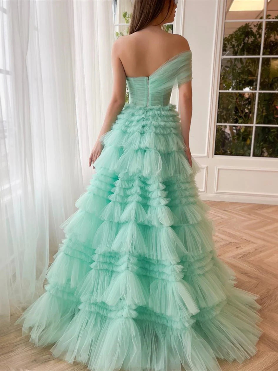 A-Line/Princess One-Shoulder Sleeveless Floor-Length Prom Dresses with Pleats BabaMila
