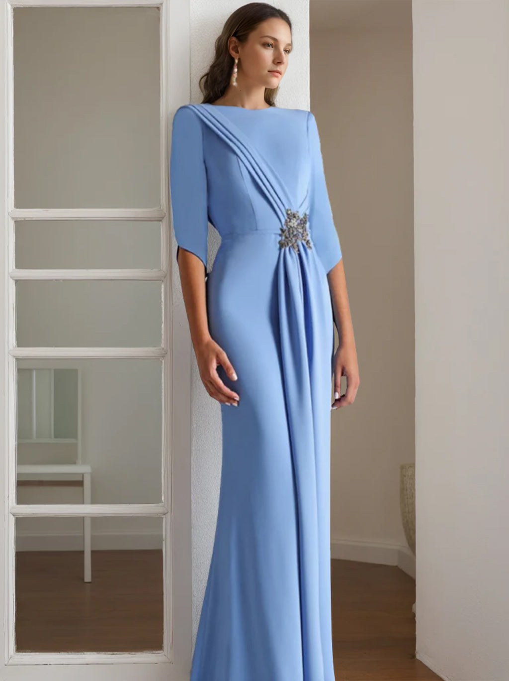 Sheath/Column Scoop 1/2 Length Sleeves Floor-Length Mother Of The Bride & Groom Dresses With Rhinestone BabaMila