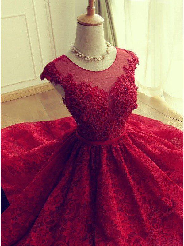 Homecoming Dress Lace Red Tulle Scoop Short Prom Dress Party Dress Homecoming Dress BabaMila