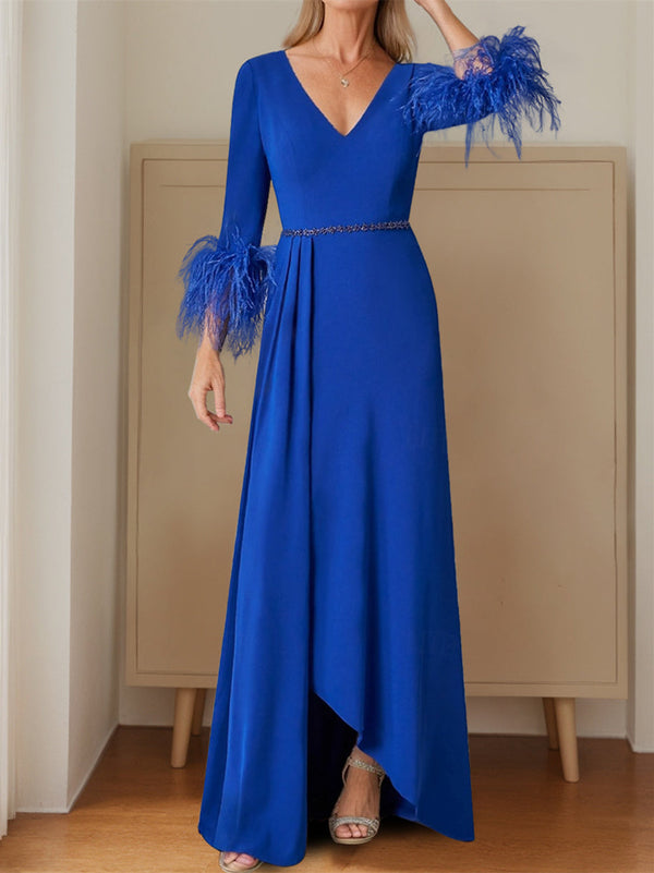 A-Line/Princess Plunging Neck 3/4 Length Sleeve Floor-Length Pleats Feather Mother Of The Bride Dresses BabaMila