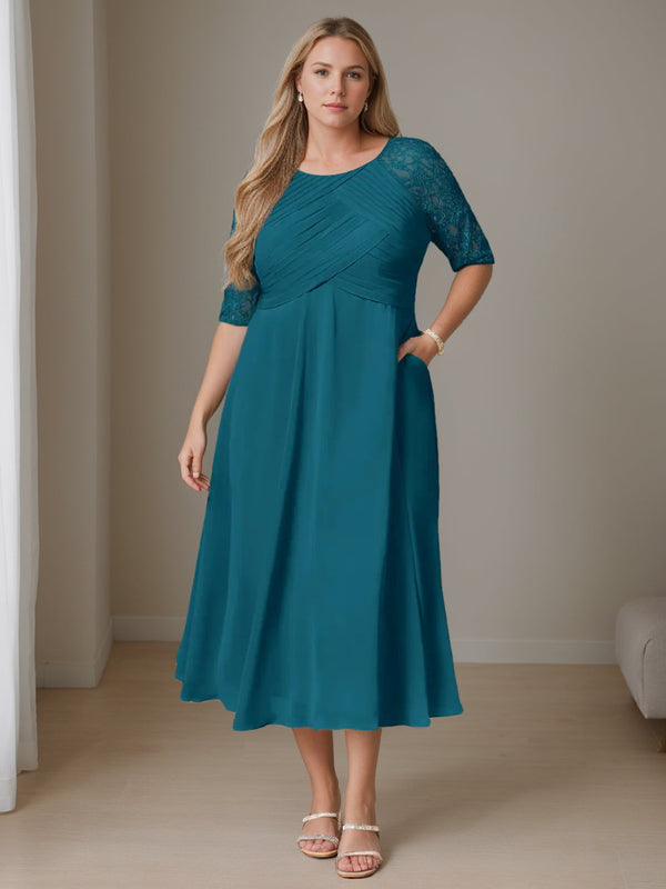 A-Line/Princess Round Neck Half Sleeves Tea-Length Plus Size Mother Of The Bride Dresses With Ruffles BabaMila