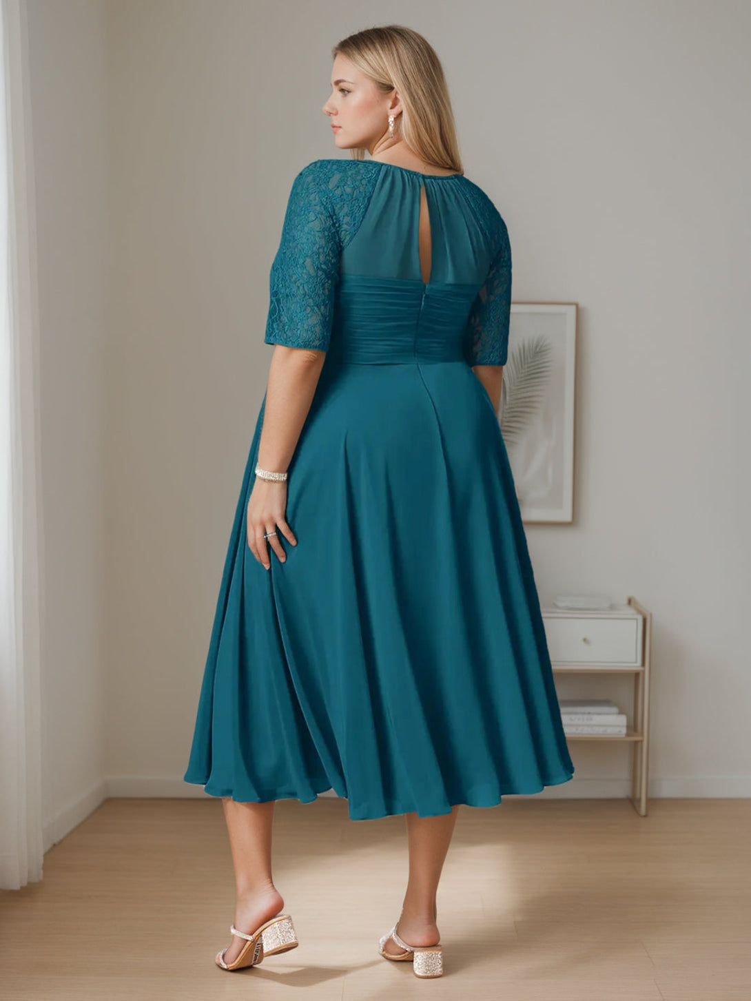 A-Line/Princess Round Neck Half Sleeves Tea-Length Plus Size Mother Of The Bride Dresses With Ruffles BabaMila