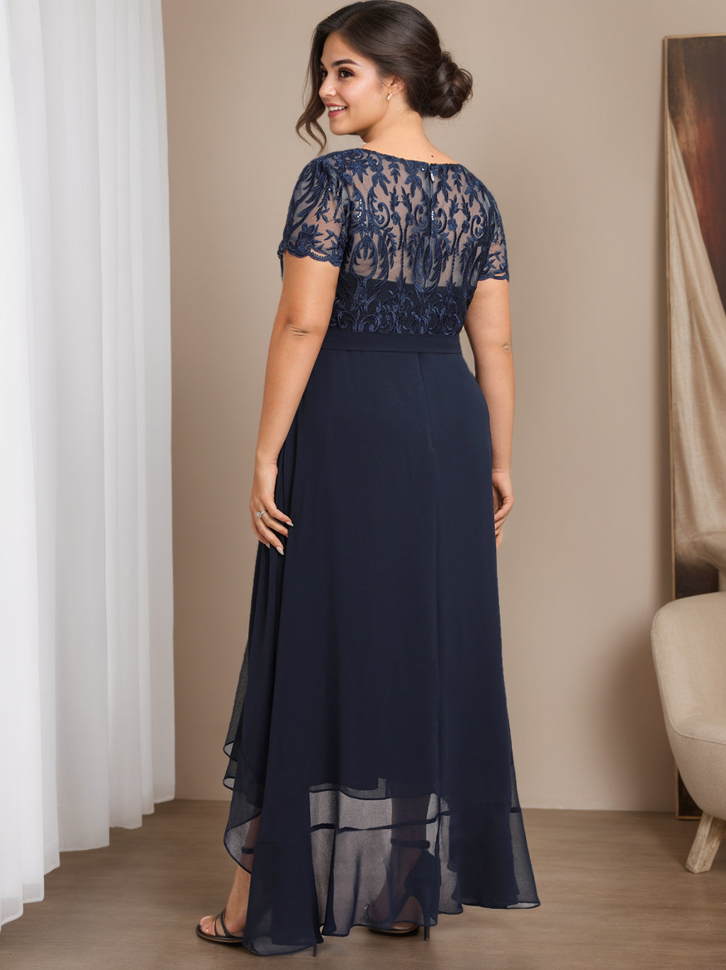 A-Line/Princess Scoop Neck Short Sleeves Asymmetrical Unique Plus Size Mother Of The Bride Dresses With Bow, Ruffles & Sequins BabaMila