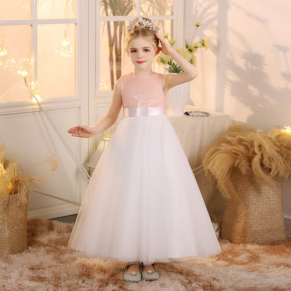Girls Birthday Dresses Boat Neck Sleeveless Satin/Sequins/Tulle Floor-Length Flower Girl Dresses With Ivory Ribbon/Pink Sequins Gidiondress