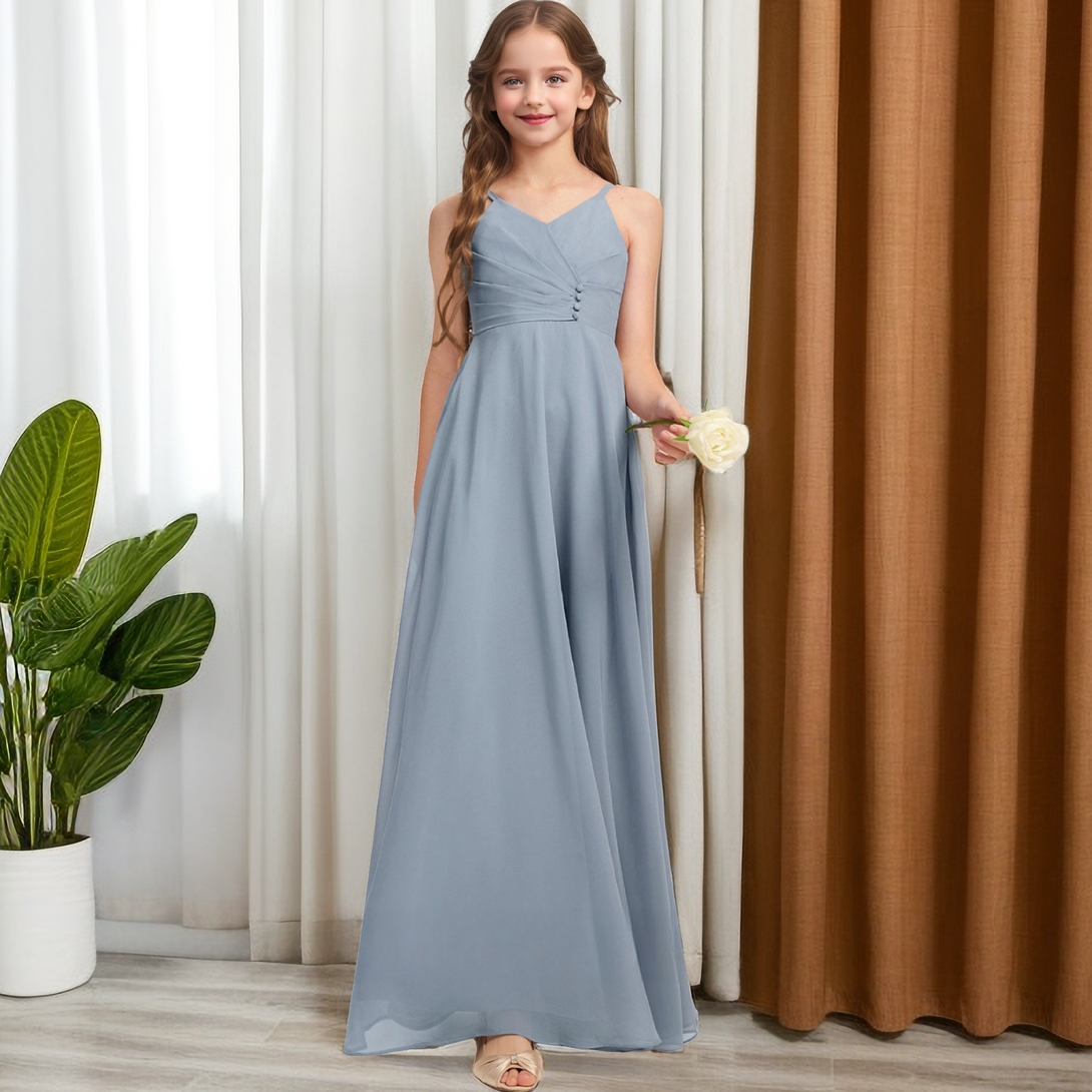 V-Neck Floor-Length Spaghetti Straps Chiffon Junior Bridesmaid Dress/Girls Birthday Dresses With Pleated Girls Gidiondress