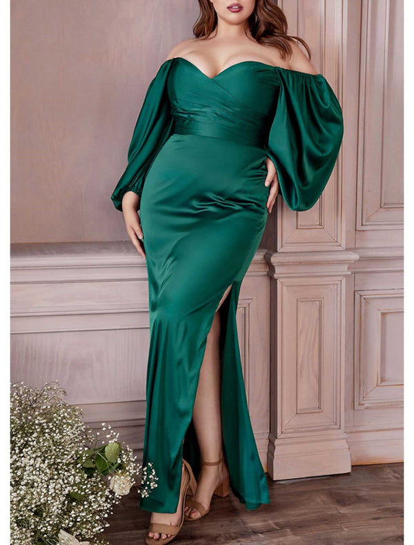 Sheath/Column Off-the-Shoulder Long Sleeve Floor-length Pleated Plus Size Prom Dresses BabaMila