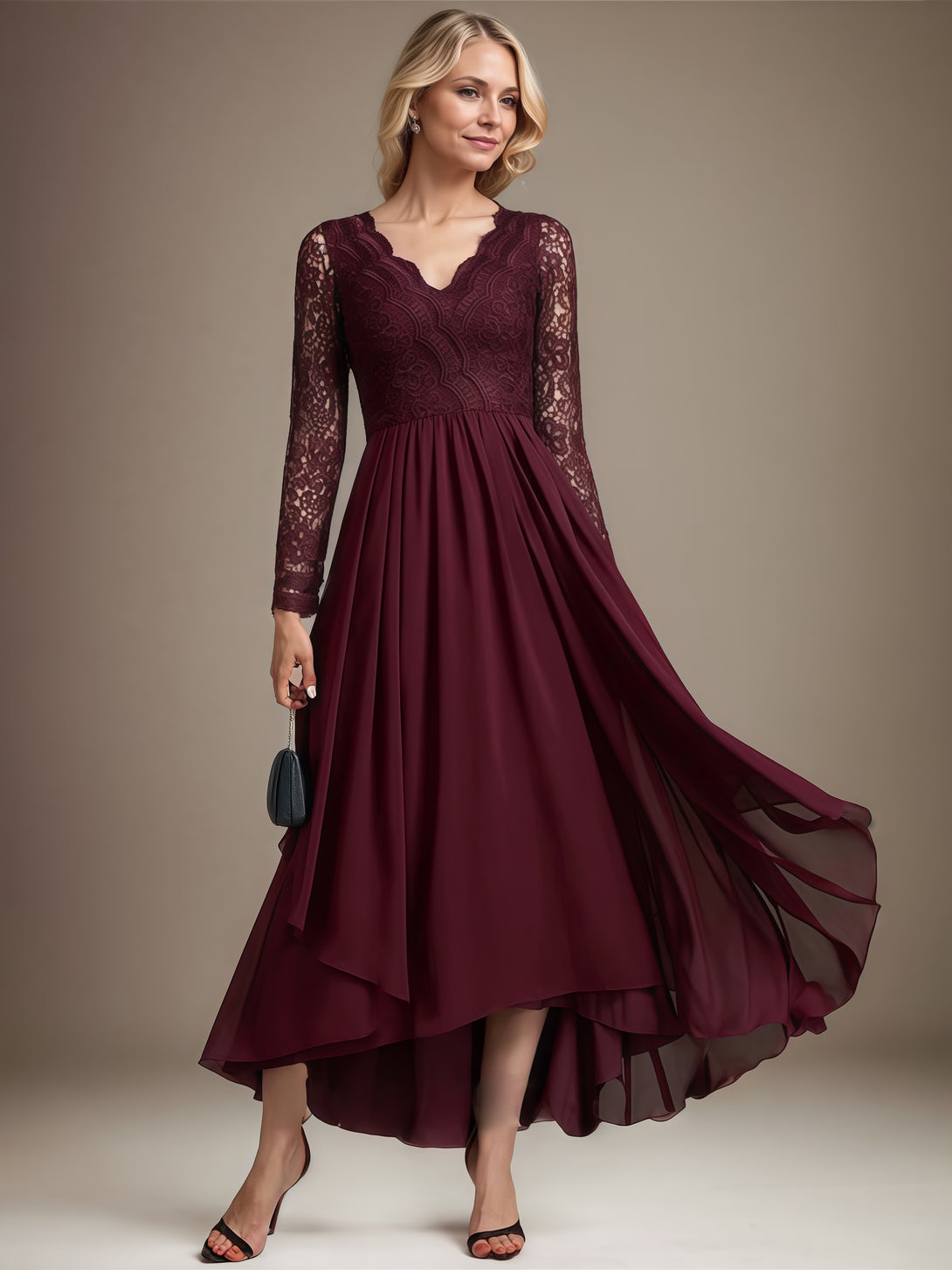 V-Neck Long Sleeve A-Line Asymmetrical Lace/Chiffon Mother of the Bride Dress With Appliques/Cascading Ruffles BabaMila