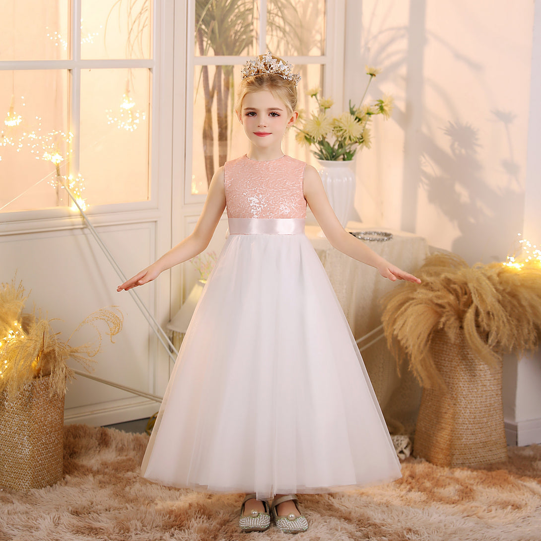 Girls Birthday Dresses Boat Neck Sleeveless Satin/Sequins/Tulle Floor-Length Flower Girl Dresses With Ivory Ribbon/Pink Sequins Gidiondress