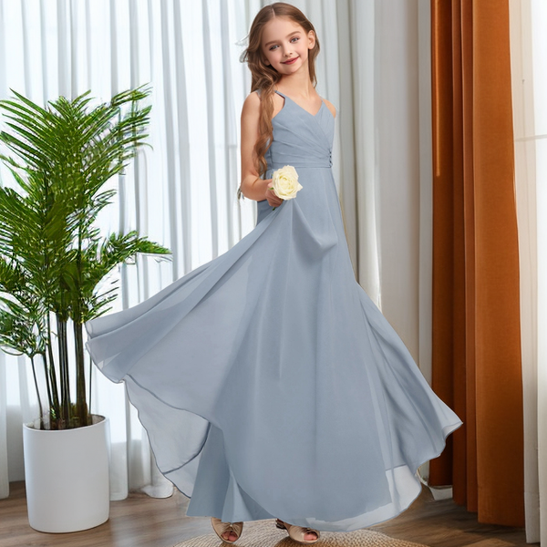 V-Neck Floor-Length Spaghetti Straps Chiffon Junior Bridesmaid Dress/Girls Birthday Dresses With Pleated Girls Gidiondress as picture 12M
