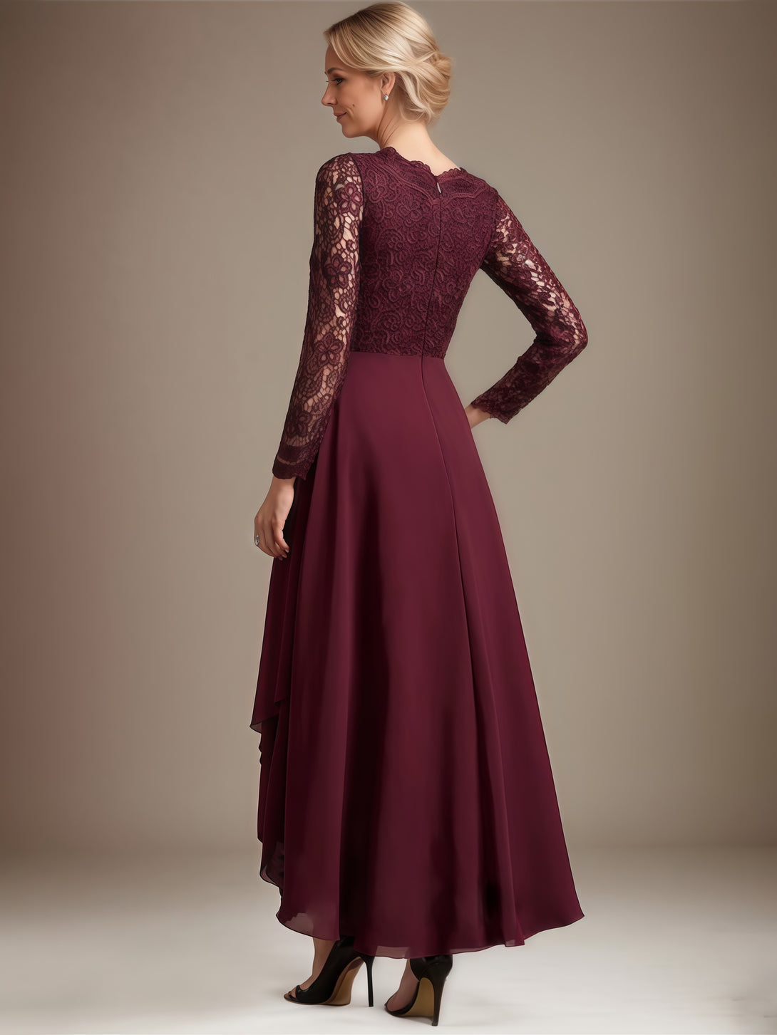 V-Neck Long Sleeve A-Line Asymmetrical Lace/Chiffon Mother of the Bride Dress With Appliques/Cascading Ruffles BabaMila