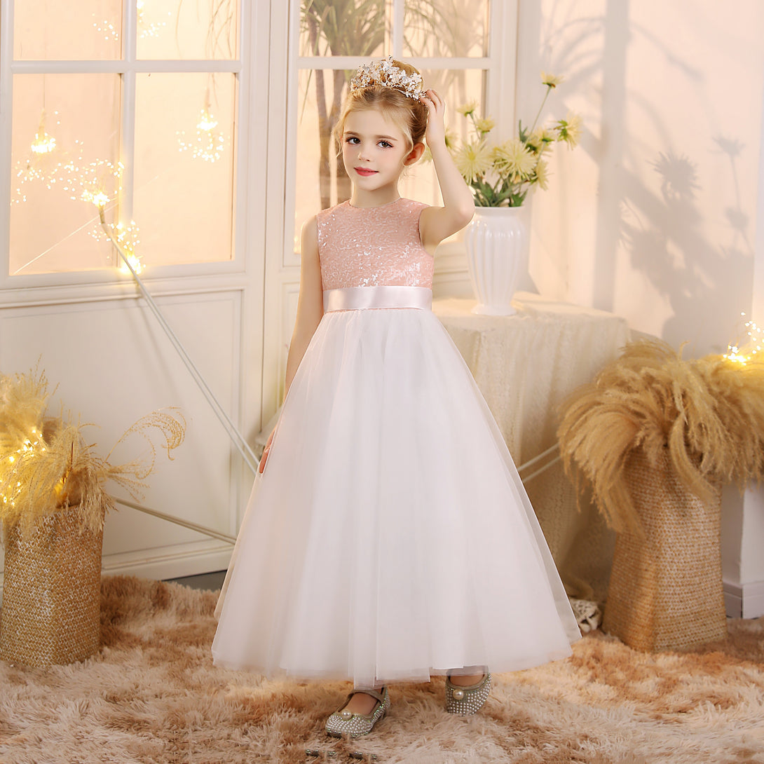 Girls Birthday Dresses Boat Neck Sleeveless Satin/Sequins/Tulle Floor-Length Flower Girl Dresses With Ivory Ribbon/Pink Sequins Gidiondress