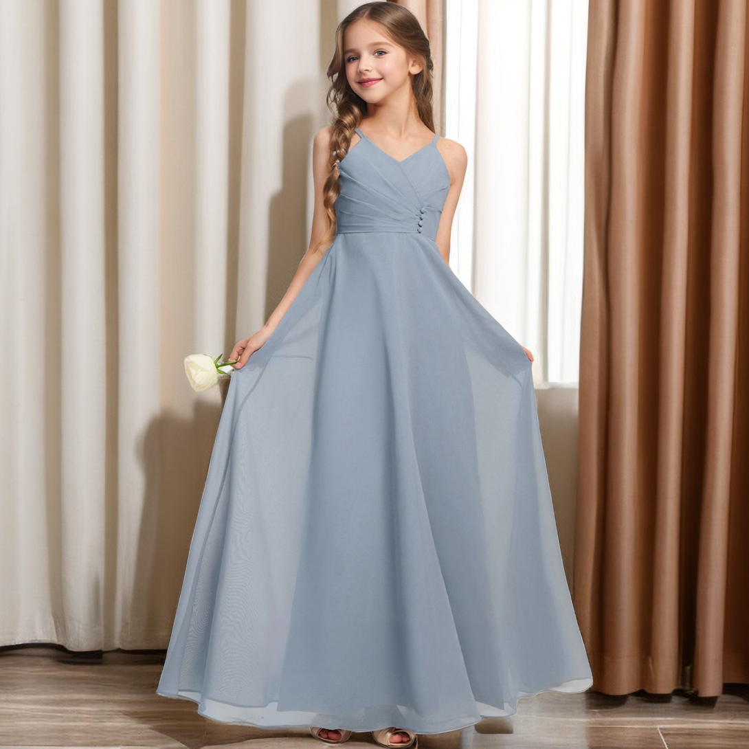V-Neck Floor-Length Spaghetti Straps Chiffon Junior Bridesmaid Dress/Girls Birthday Dresses With Pleated Girls Gidiondress