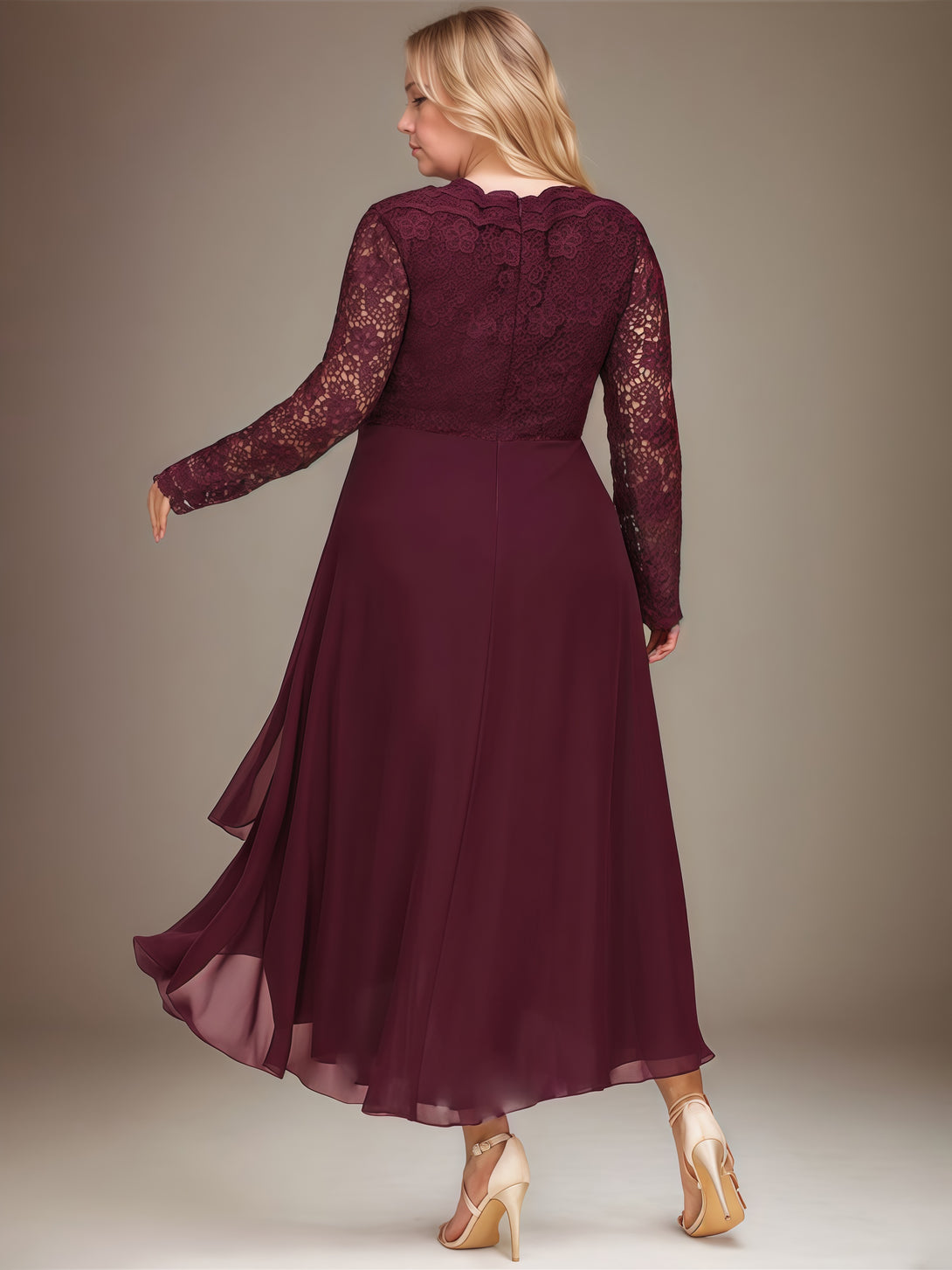 V-Neck Long Sleeve A-Line Asymmetrical Lace/Chiffon Mother of the Bride Dress With Appliques/Cascading Ruffles BabaMila