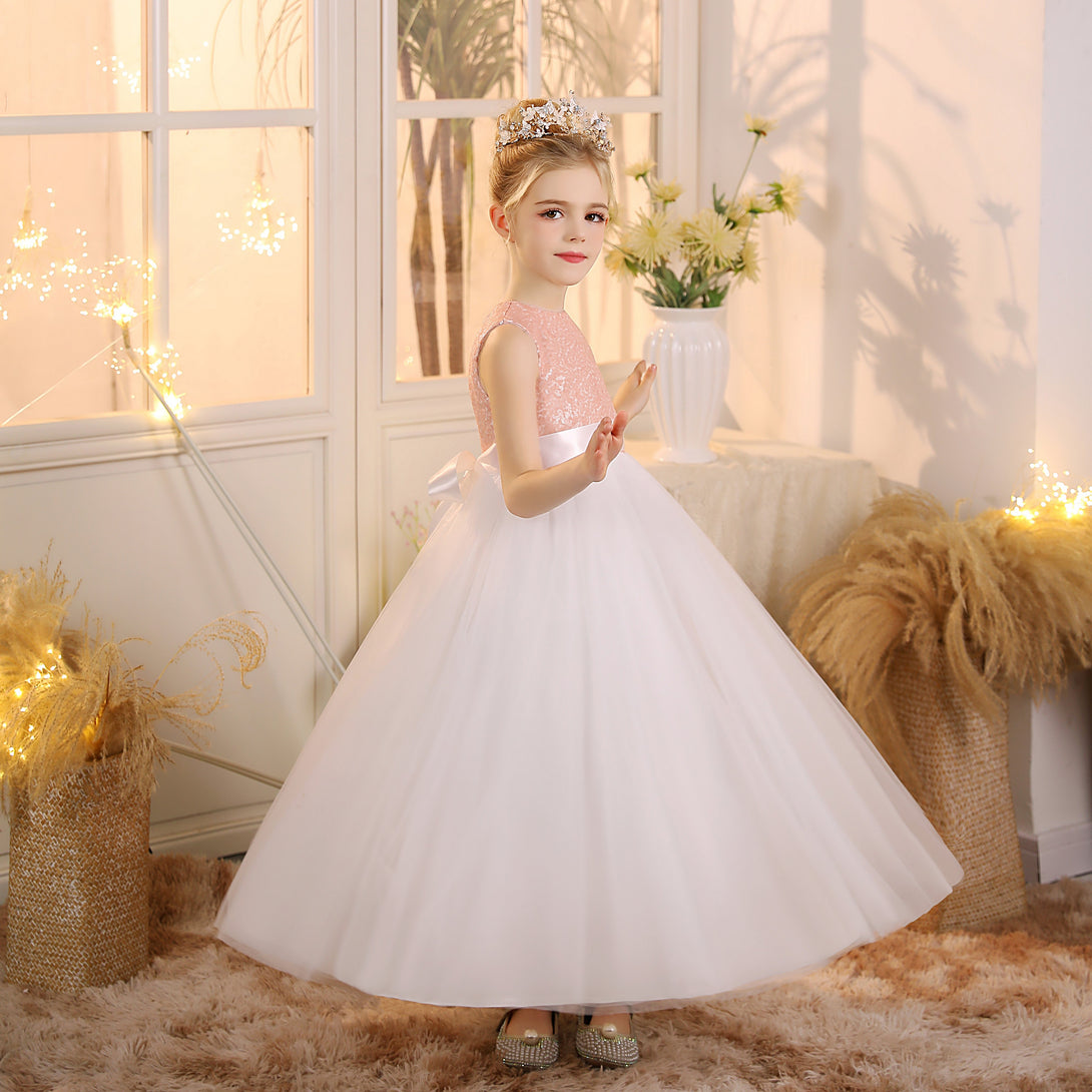 Girls Birthday Dresses Boat Neck Sleeveless Satin/Sequins/Tulle Floor-Length Flower Girl Dresses With Ivory Ribbon/Pink Sequins Gidiondress