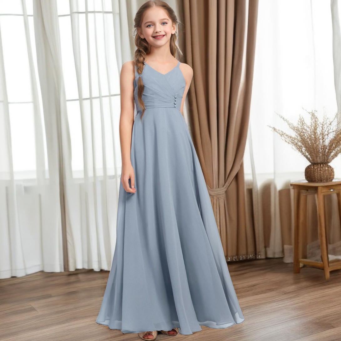 V-Neck Floor-Length Spaghetti Straps Chiffon Junior Bridesmaid Dress/Girls Birthday Dresses With Pleated Girls Gidiondress