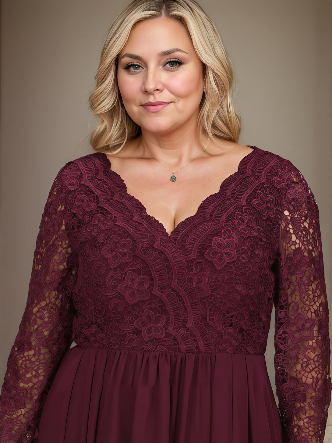 V-Neck Long Sleeve A-Line Asymmetrical Lace/Chiffon Mother of the Bride Dress With Appliques/Cascading Ruffles BabaMila
