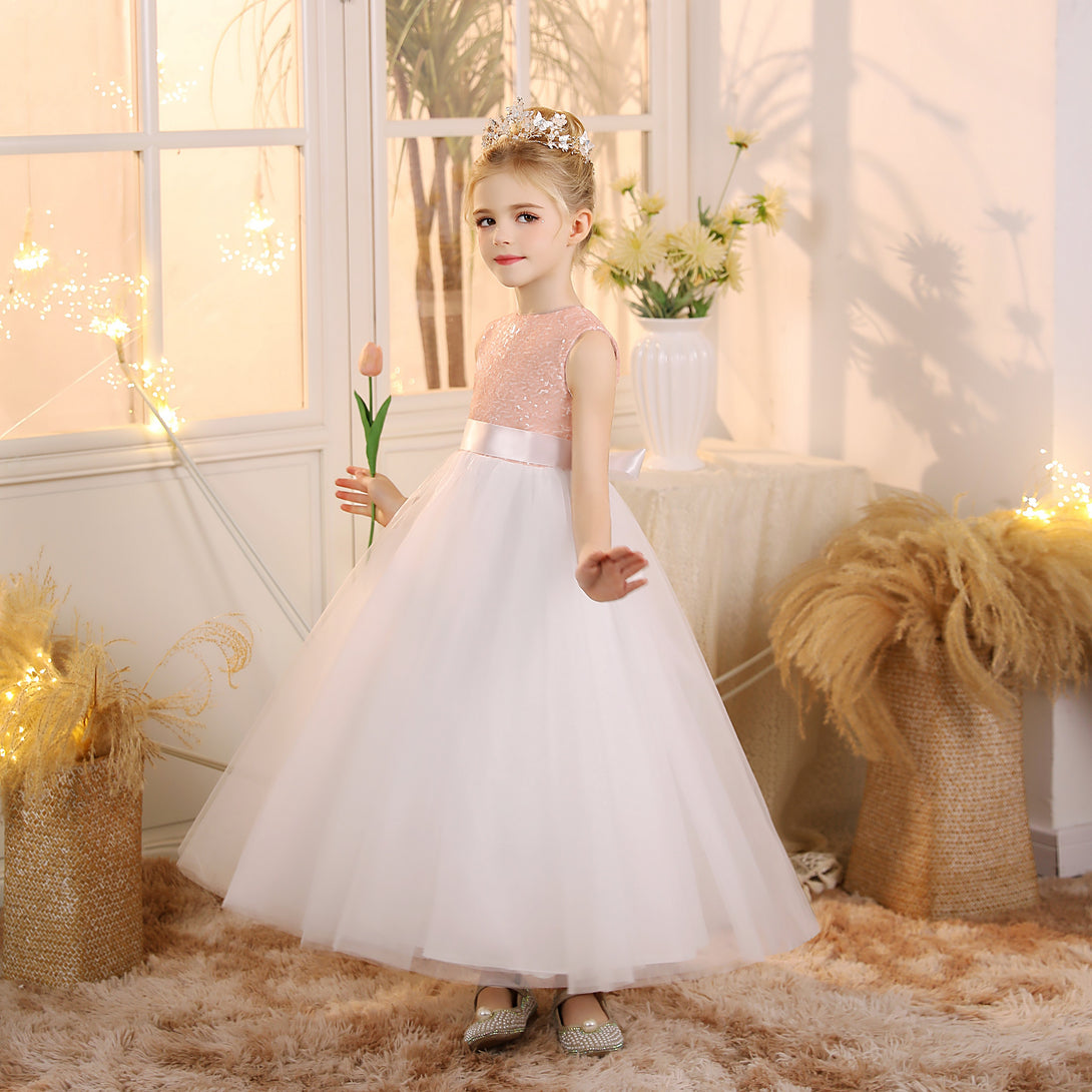 Girls Birthday Dresses Boat Neck Sleeveless Satin/Sequins/Tulle Floor-Length Flower Girl Dresses With Ivory Ribbon/Pink Sequins Gidiondress