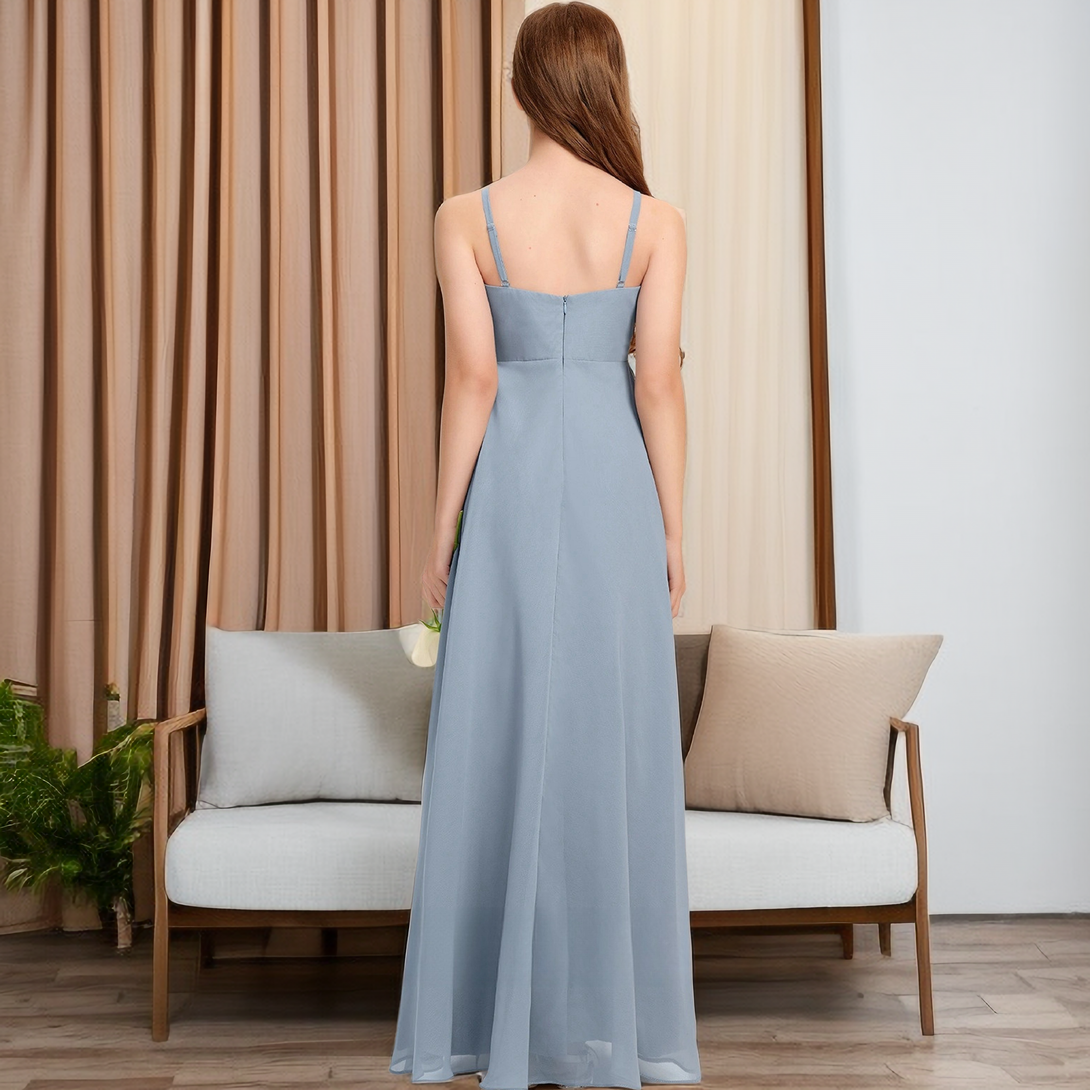V-Neck Floor-Length Spaghetti Straps Chiffon Junior Bridesmaid Dress/Girls Birthday Dresses With Pleated Girls Gidiondress