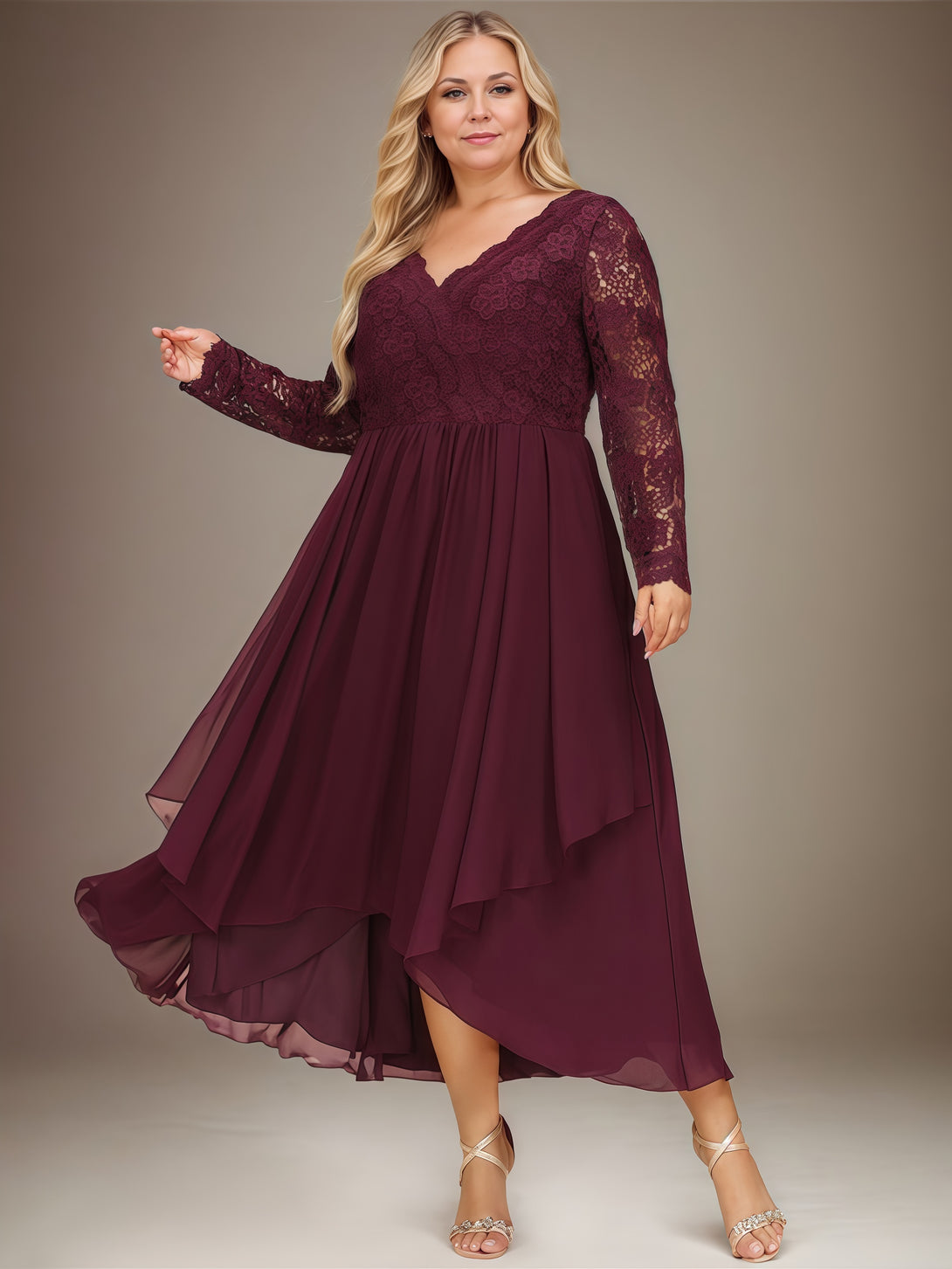 V-Neck Long Sleeve A-Line Asymmetrical Lace/Chiffon Mother of the Bride Dress With Appliques/Cascading Ruffles BabaMila