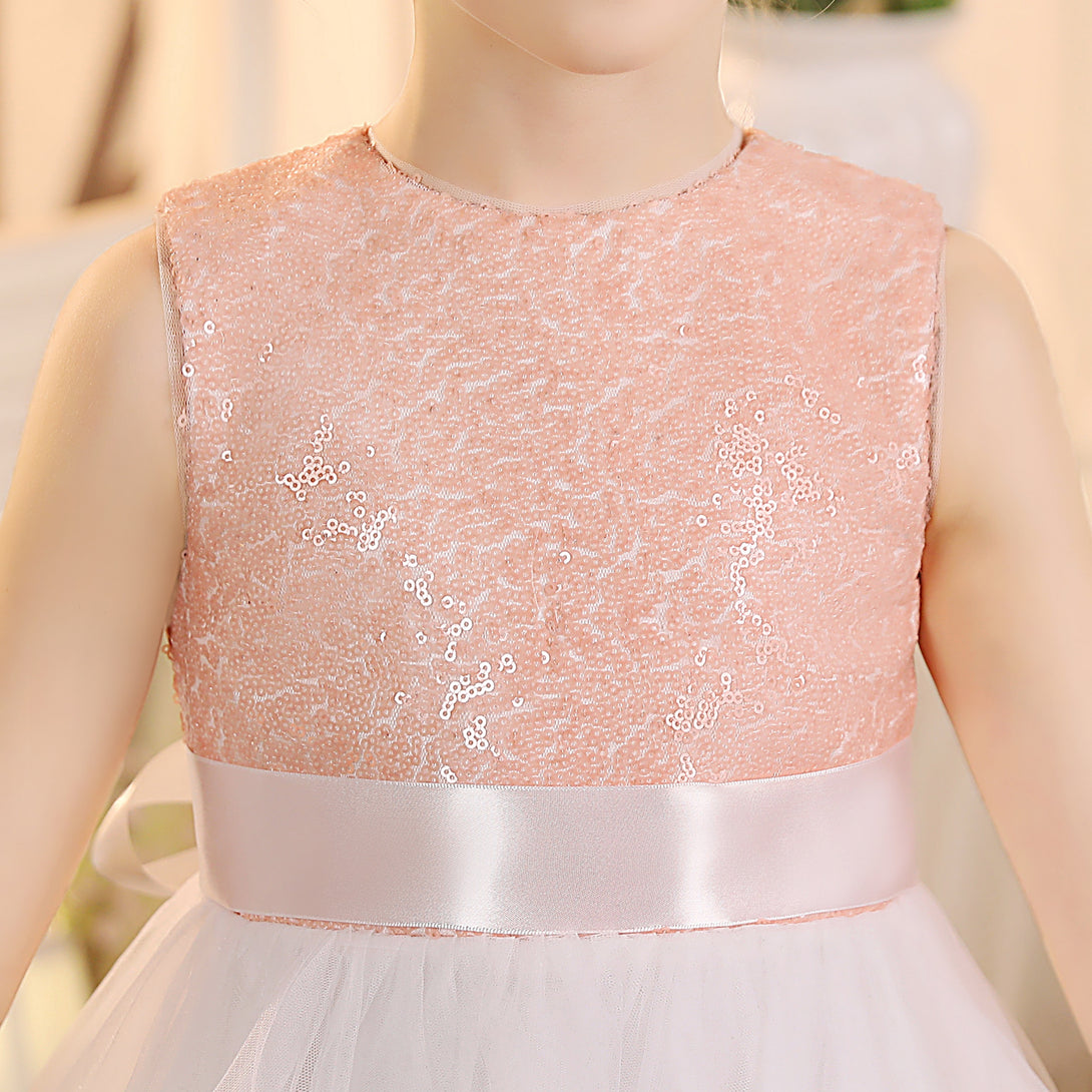 Girls Birthday Dresses Boat Neck Sleeveless Satin/Sequins/Tulle Floor-Length Flower Girl Dresses With Ivory Ribbon/Pink Sequins Gidiondress