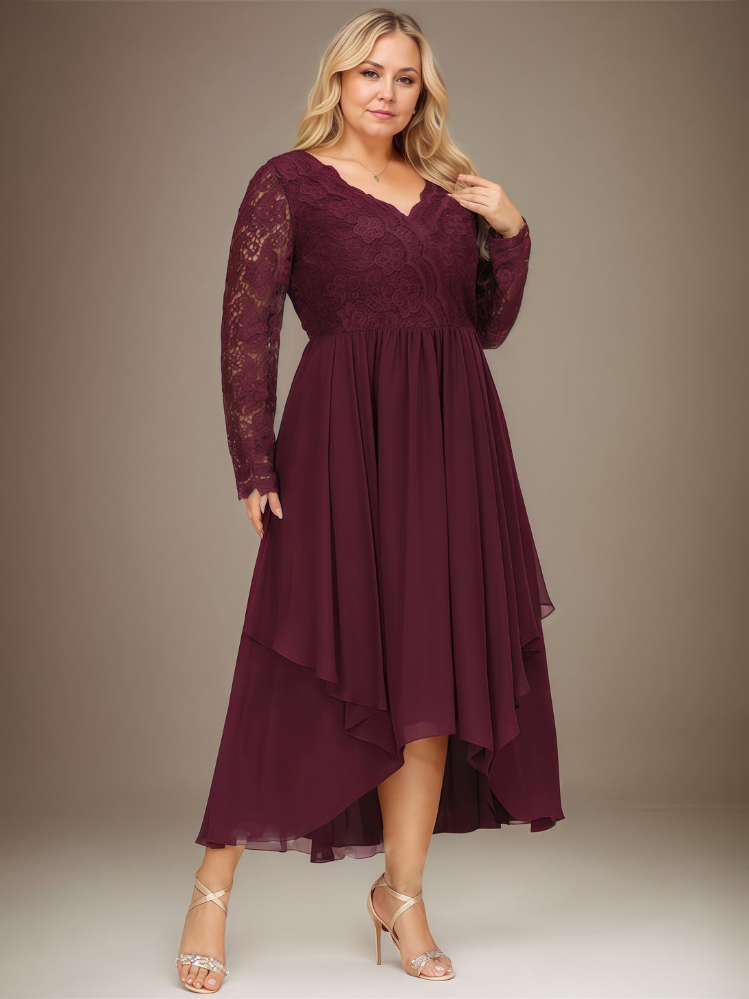 V-Neck Long Sleeve A-Line Asymmetrical Lace/Chiffon Mother of the Bride Dress With Appliques/Cascading Ruffles BabaMila