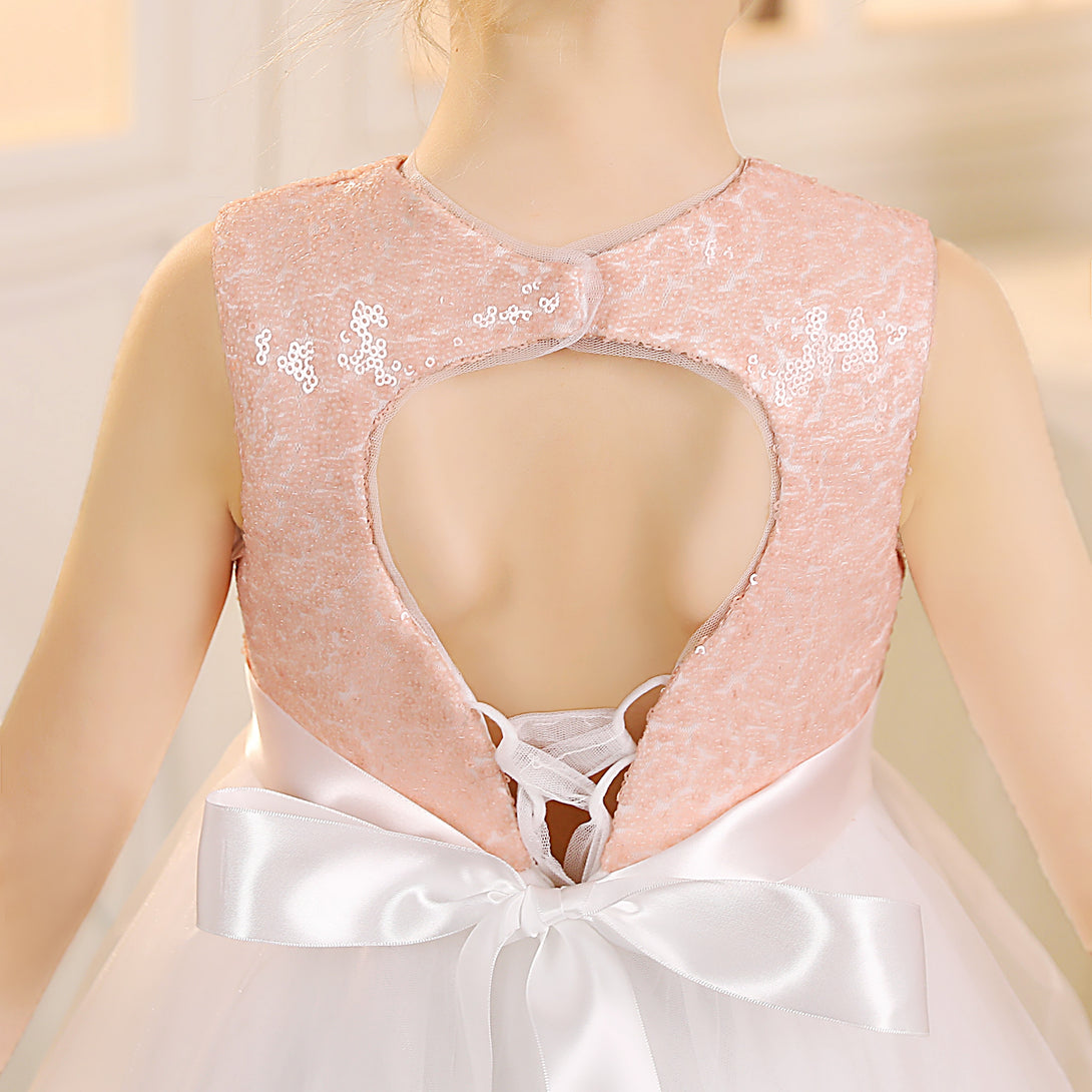 Girls Birthday Dresses Boat Neck Sleeveless Satin/Sequins/Tulle Floor-Length Flower Girl Dresses With Ivory Ribbon/Pink Sequins Gidiondress