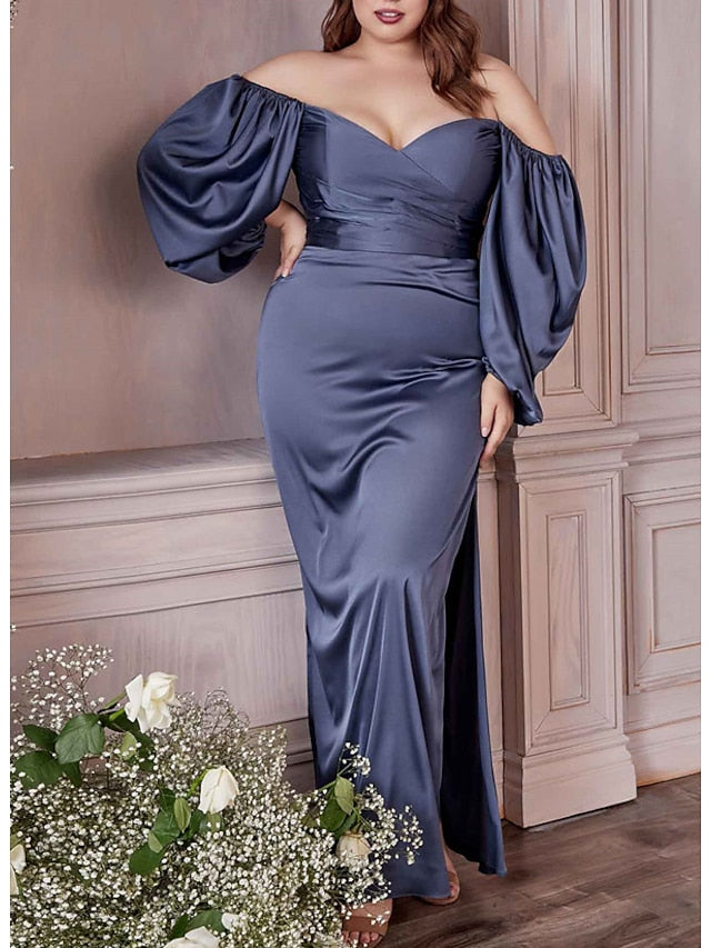 Sheath/Column Off-the-Shoulder Long Sleeve Floor-length Pleated Plus Size Prom Dresses BabaMila