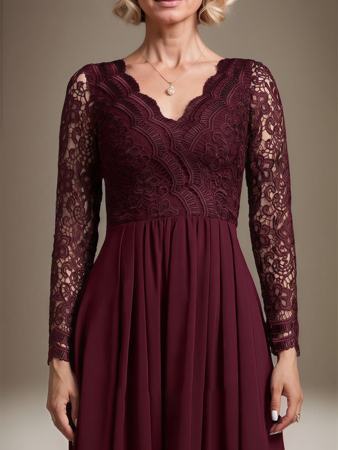 V-Neck Long Sleeve A-Line Asymmetrical Lace/Chiffon Mother of the Bride Dress With Appliques/Cascading Ruffles BabaMila