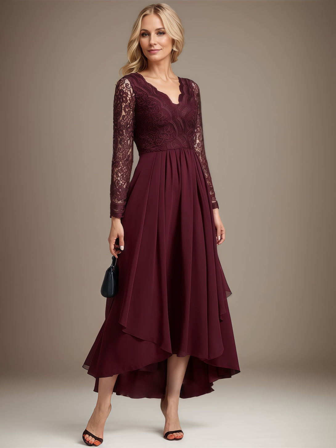 V-Neck Long Sleeve A-Line Asymmetrical Lace/Chiffon Mother of the Bride Dress With Appliques/Cascading Ruffles BabaMila