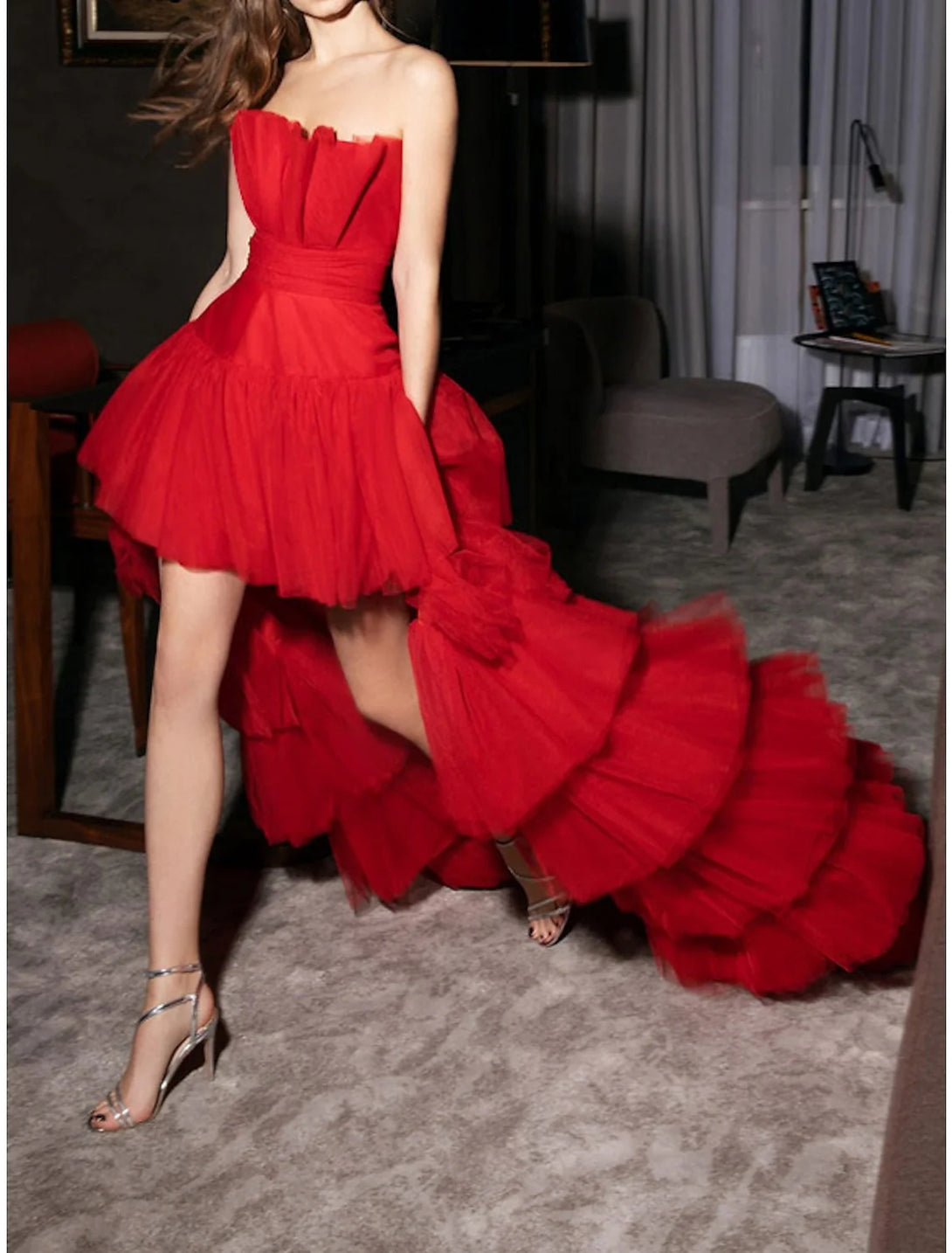 A-Line/Princess Strapless Evening Dresses Asymmetrical Prom Party Dresses With Pleats BabaMila