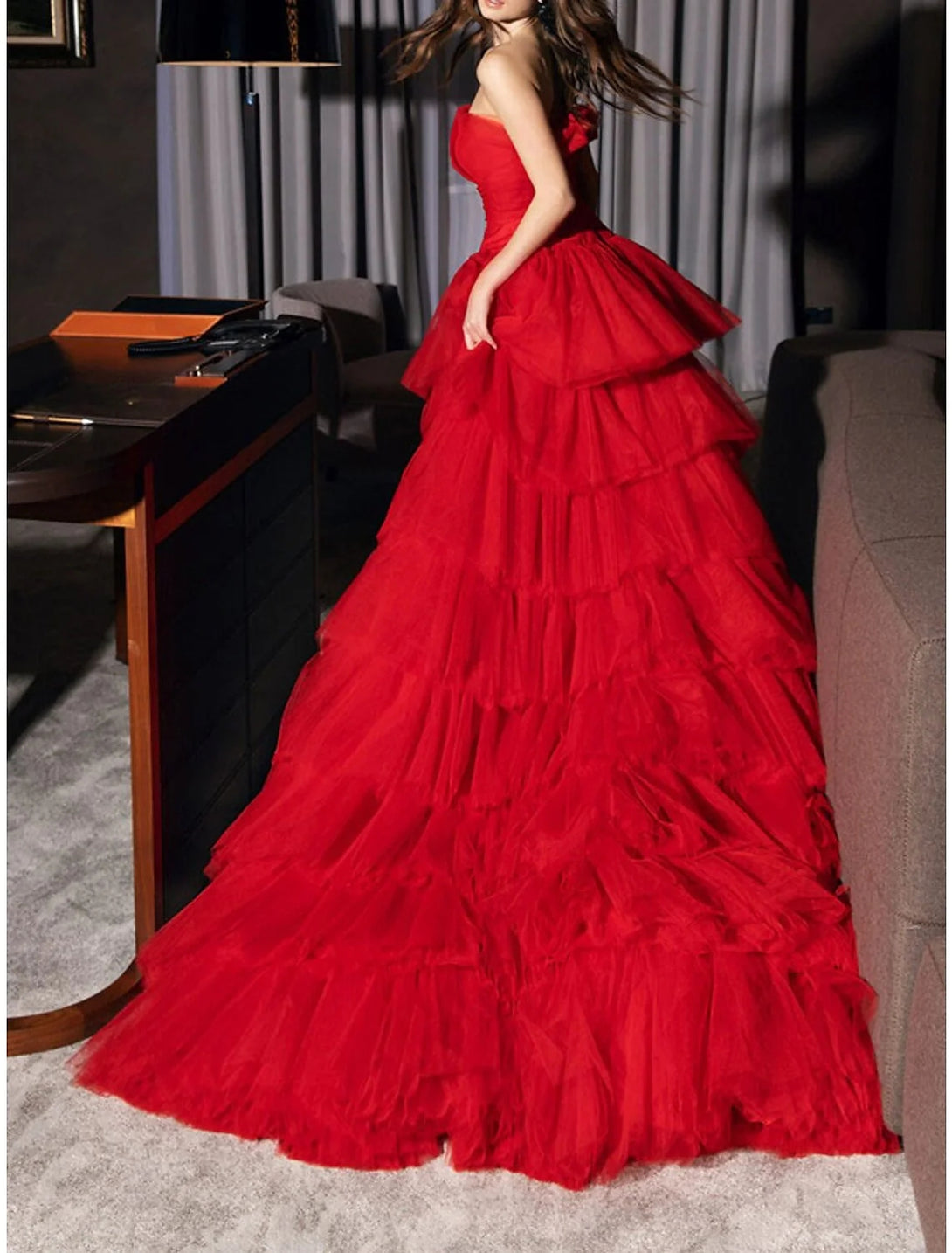 A-Line/Princess Strapless Evening Dresses Asymmetrical Prom Party Dresses With Pleats BabaMila