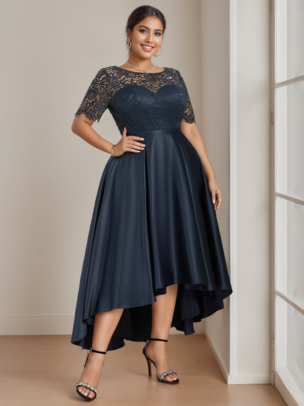 A-Line/Princess Round Neck Short Sleeves Asymmetrical Plus Size Mother Of The Bride Dress With Appliques BabaMila