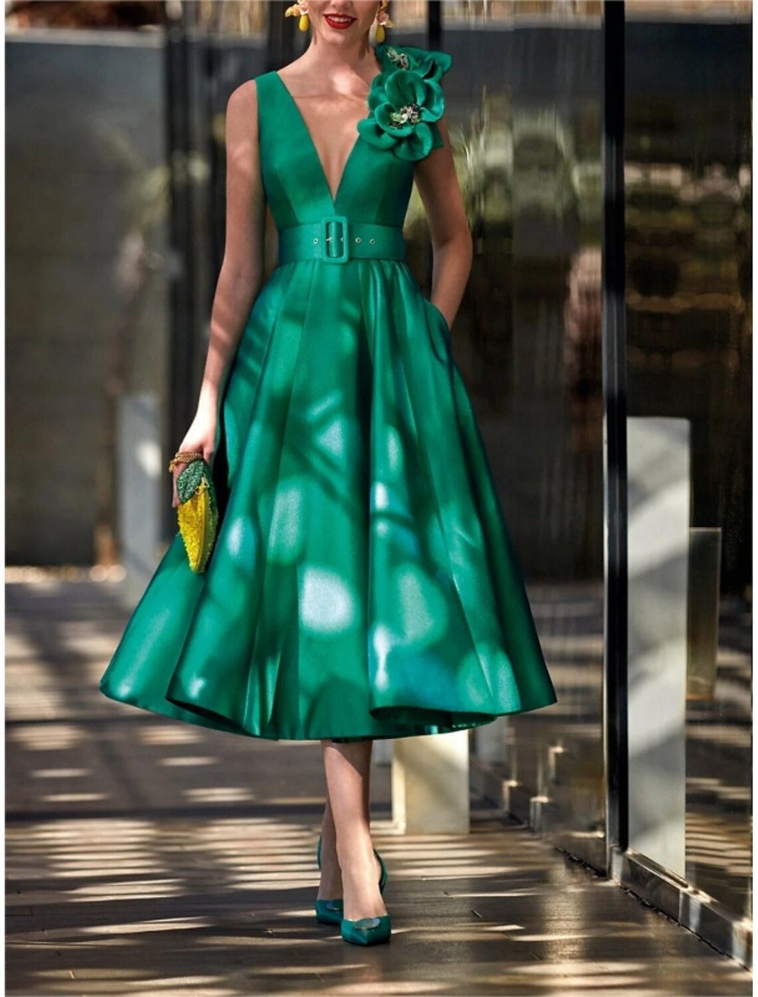 A-Line/Princess V-Neck Sleeveless Tea-Length Mother Of The Bride Dresses With Sash BabaMila