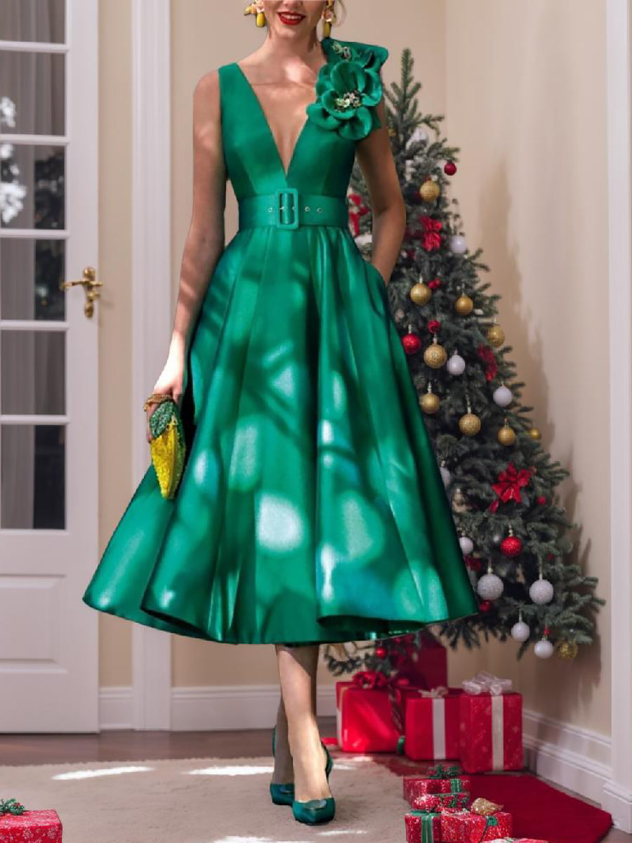 A-Line/Princess V-Neck Sleeveless Tea-Length Mother Of The Bride Dresses With Sash BabaMila