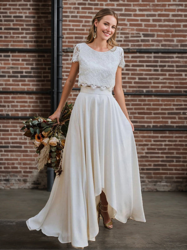 Two Pieces A-Line/Princess Scoop Neck Short Sleeves Asymmetrical Wedding Dress with Appliques BabaMila