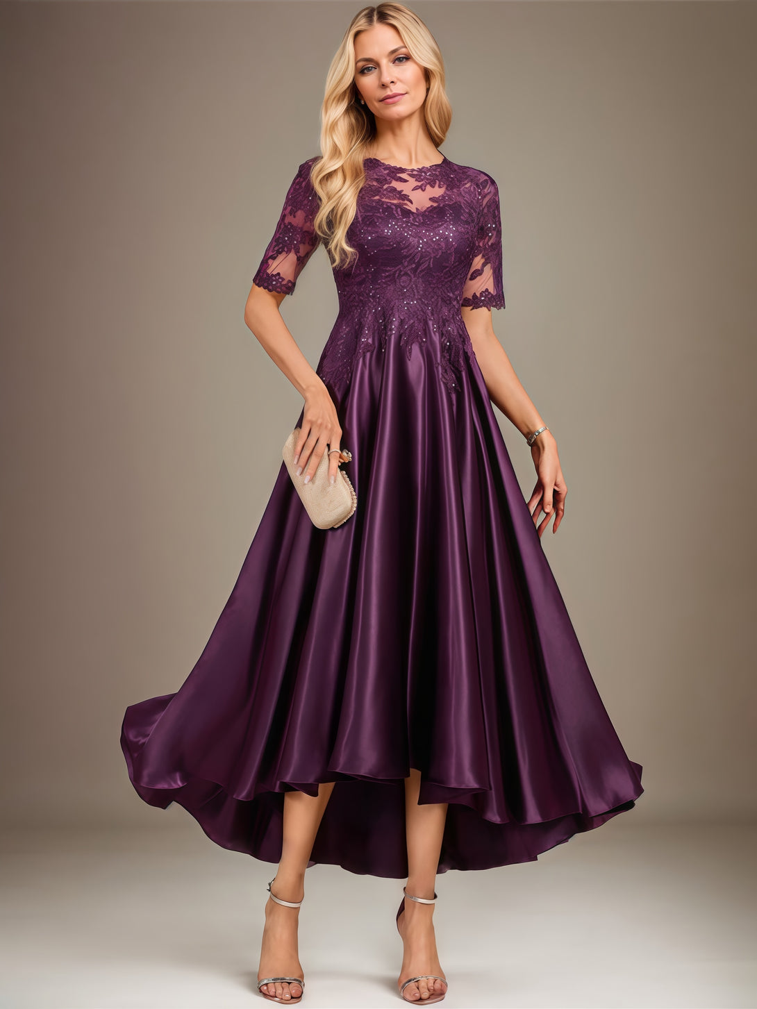 Scoop Neck Half Sleeve A-Line Illusion Ankel-Length Lace/Satin Mother of the Bride Dress With Appliques/Sequins BabaMila