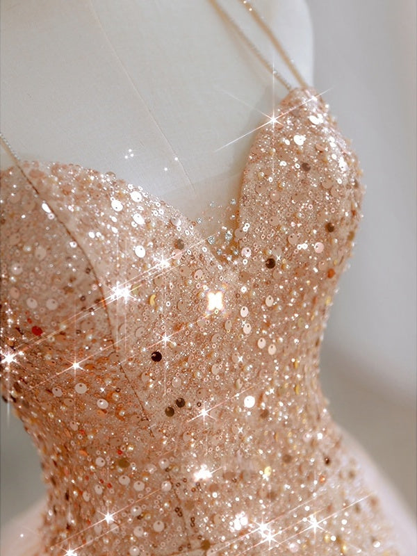 A-Line/Princess Sweetheart Neck Spaghetti Straps Court Train Evening Dresses with Sequin BabaMila