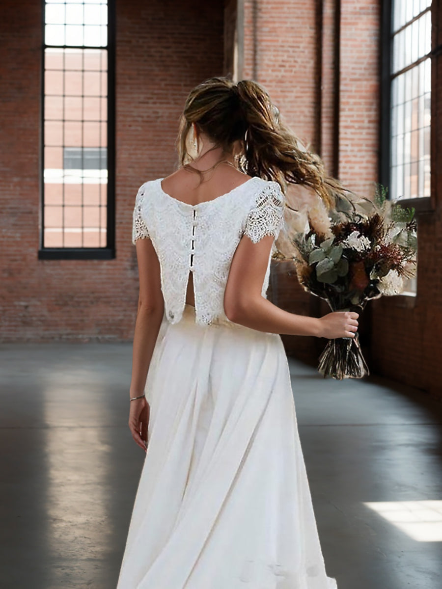 Two Pieces A-Line/Princess Scoop Neck Short Sleeves Asymmetrical Wedding Dress with Appliques BabaMila