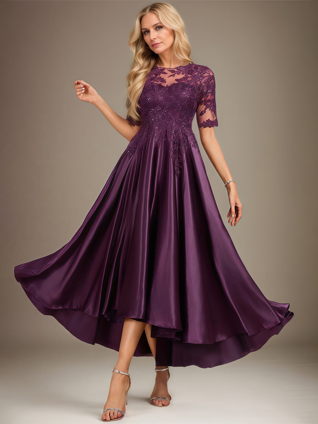 Scoop Neck Half Sleeve A-Line Illusion Ankel-Length Lace/Satin Mother of the Bride Dress With Appliques/Sequins BabaMila