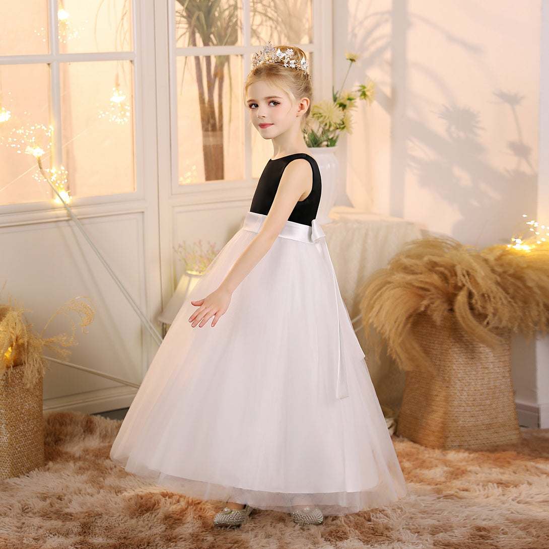 Girls Birthday Dresses Scoop Neck Sleeveless Satin/Tulle Floor-Length Flower Girl Dresses With Belt Gidiondress