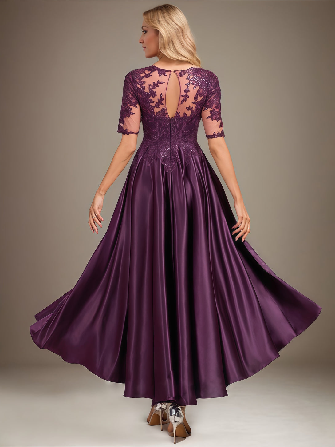 Scoop Neck Half Sleeve A-Line Illusion Ankel-Length Lace/Satin Mother of the Bride Dress With Appliques/Sequins BabaMila