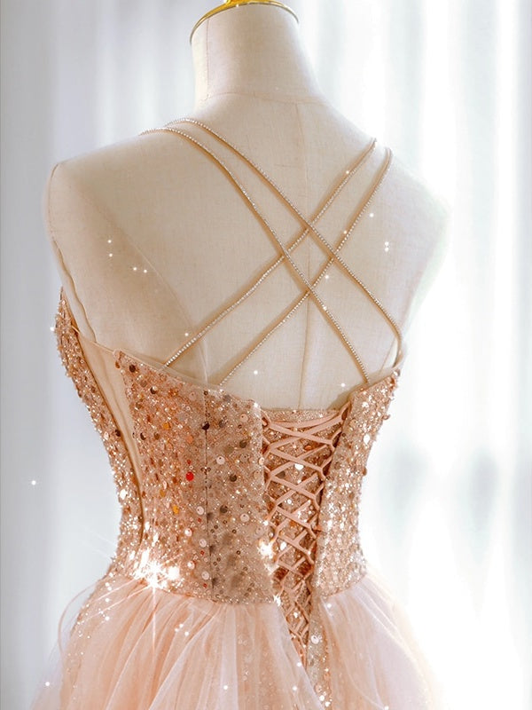 A-Line/Princess Sweetheart Neck Spaghetti Straps Court Train Evening Dresses with Sequin BabaMila