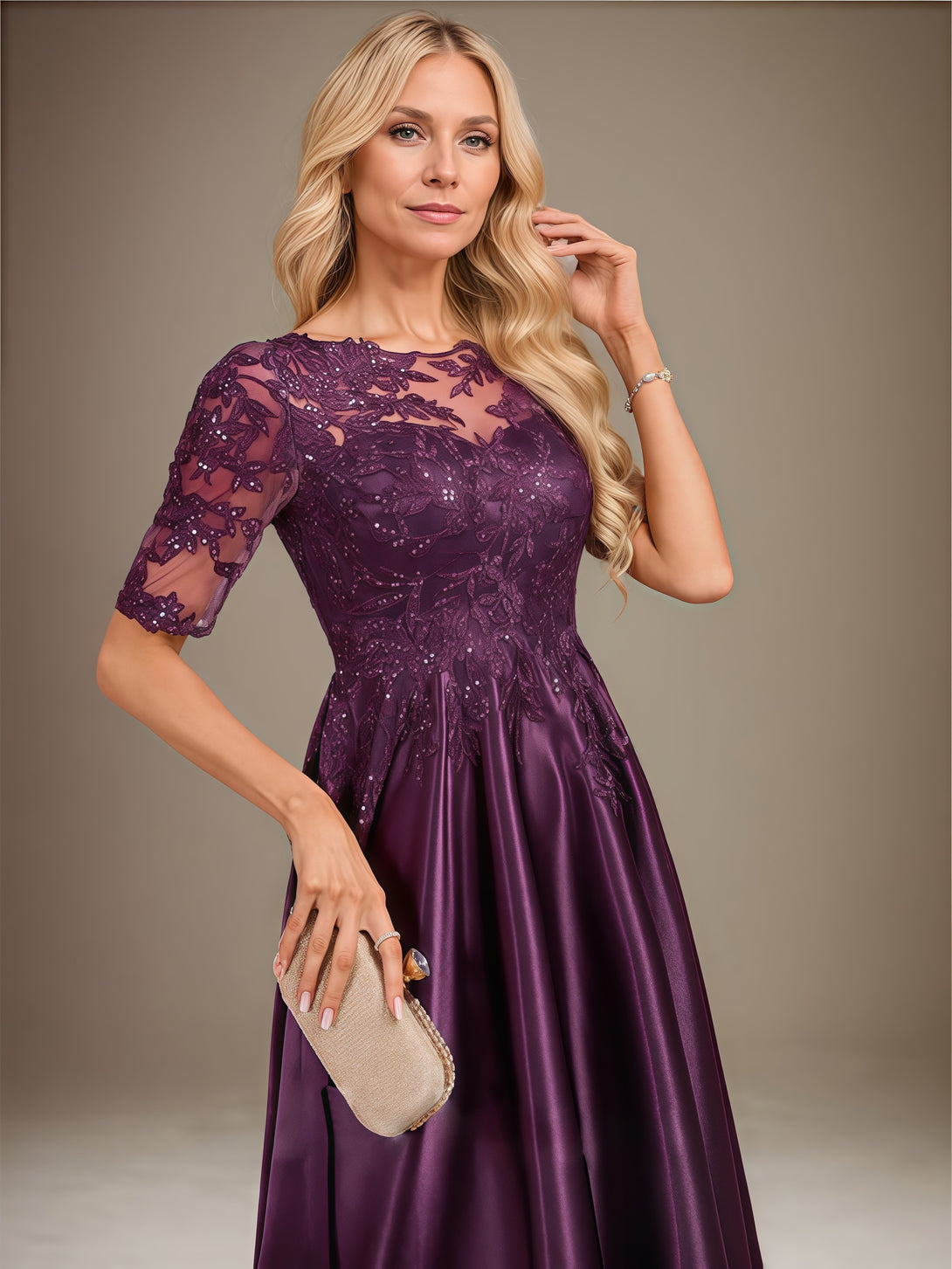 Scoop Neck Half Sleeve A-Line Illusion Ankel-Length Lace/Satin Mother of the Bride Dress With Appliques/Sequins BabaMila