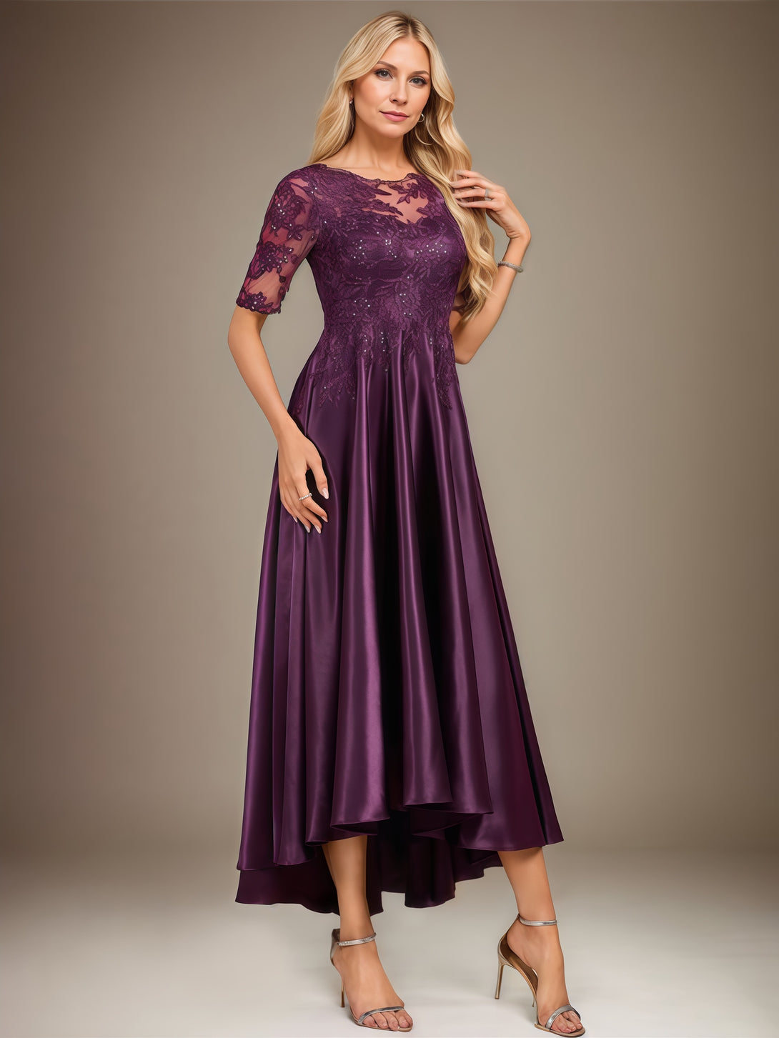 Scoop Neck Half Sleeve A-Line Illusion Ankel-Length Lace/Satin Mother of the Bride Dress With Appliques/Sequins BabaMila