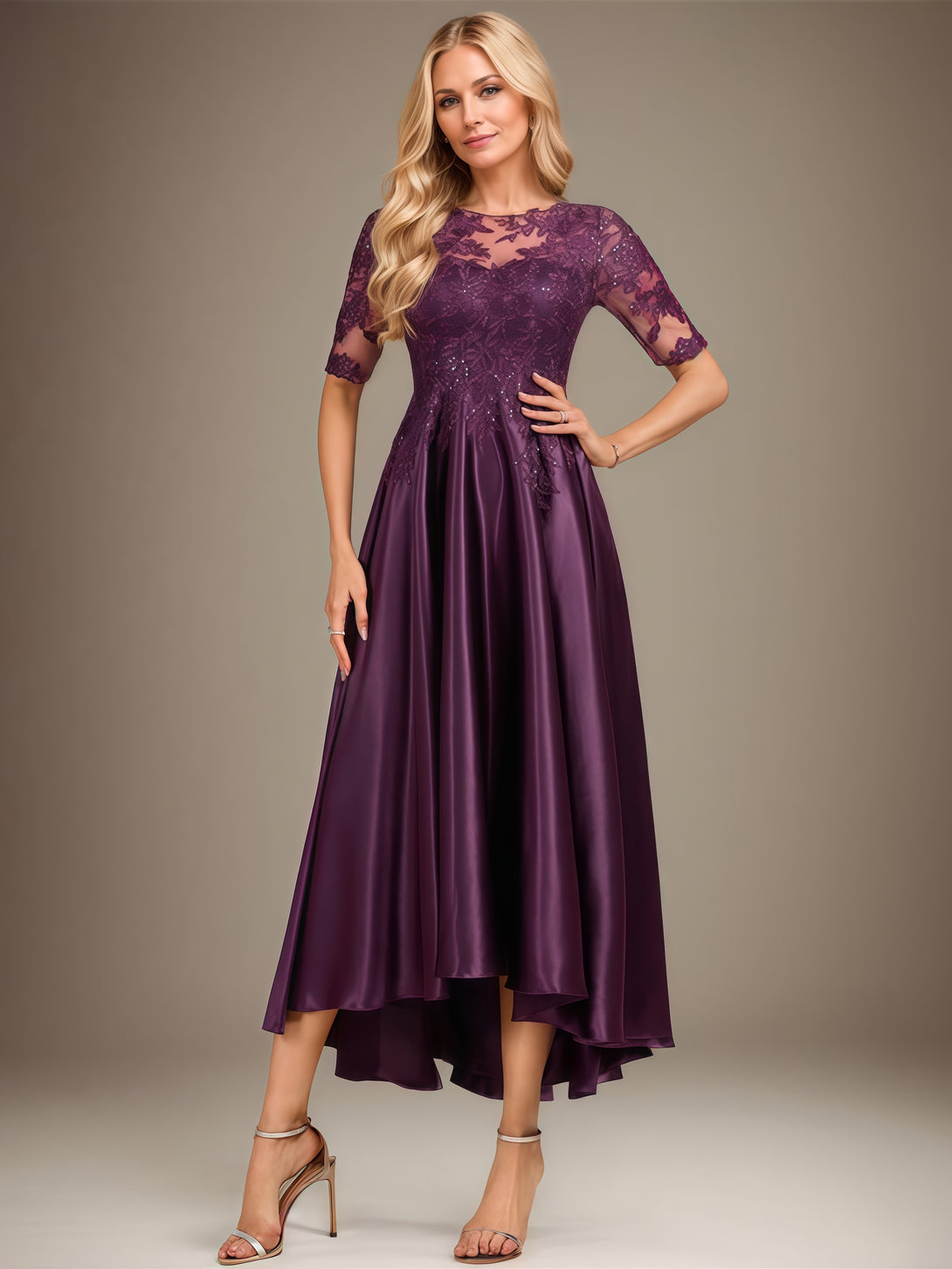 Scoop Neck Half Sleeve A-Line Illusion Ankel-Length Lace/Satin Mother of the Bride Dress With Appliques/Sequins BabaMila